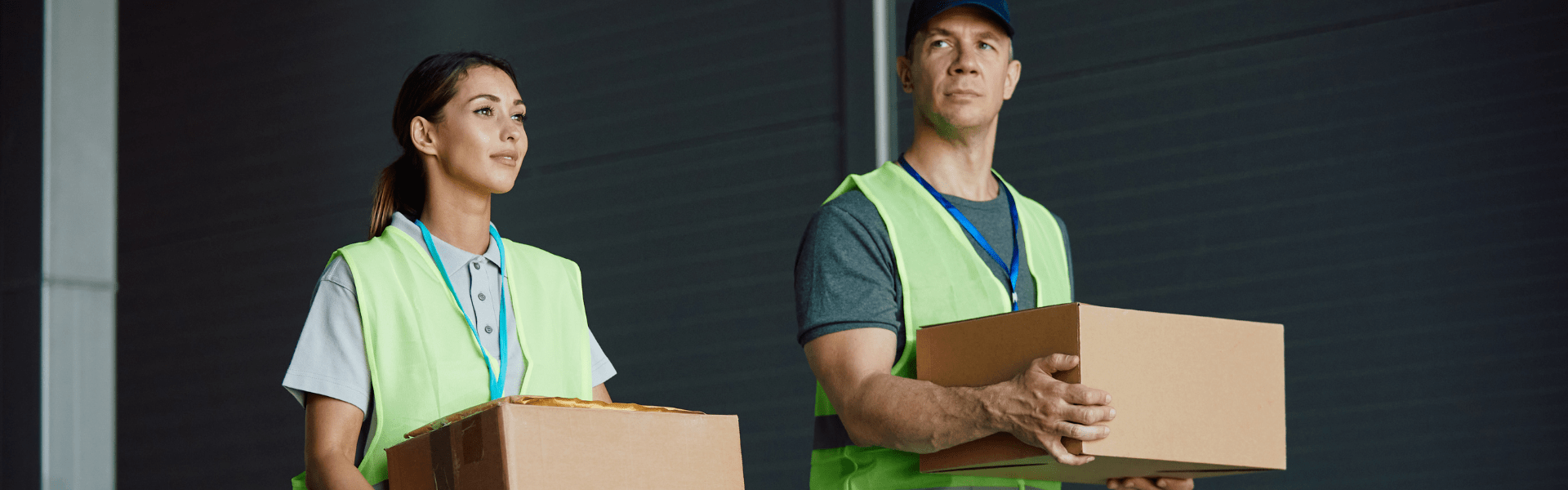 Man and woman wearing saftey vests and holding boxed packages