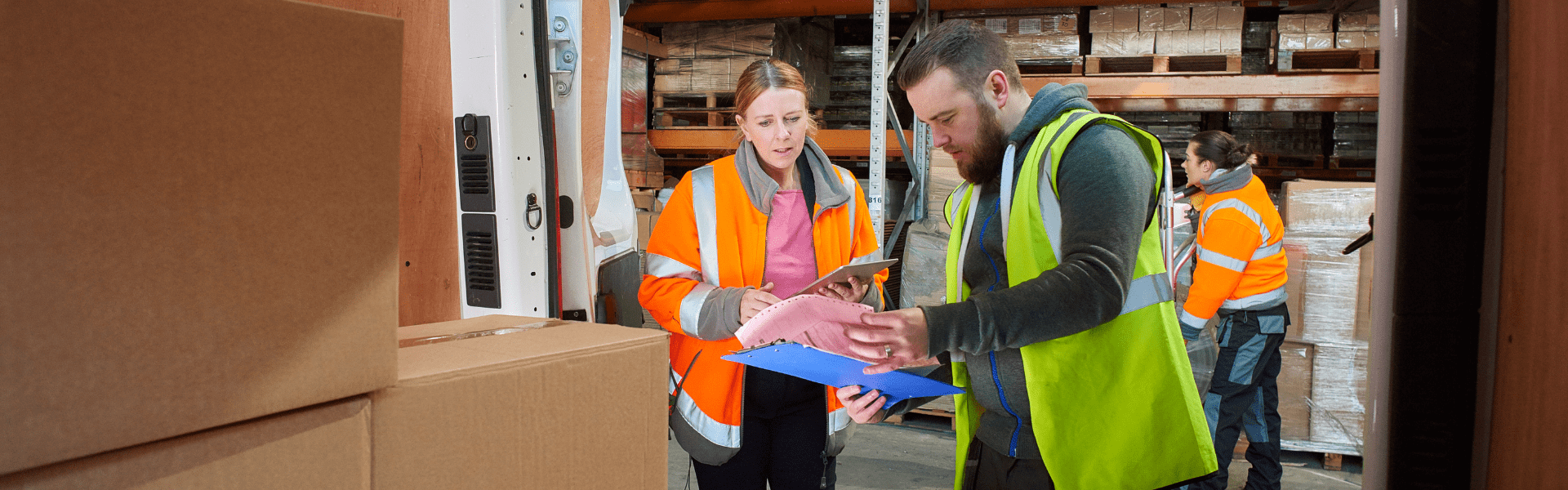 two package delivery drivers wearing safety vests looking at clipboard together behind loaded delivery van