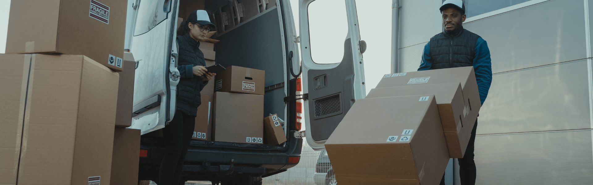 Delivery drivers packing delivery van with boxes