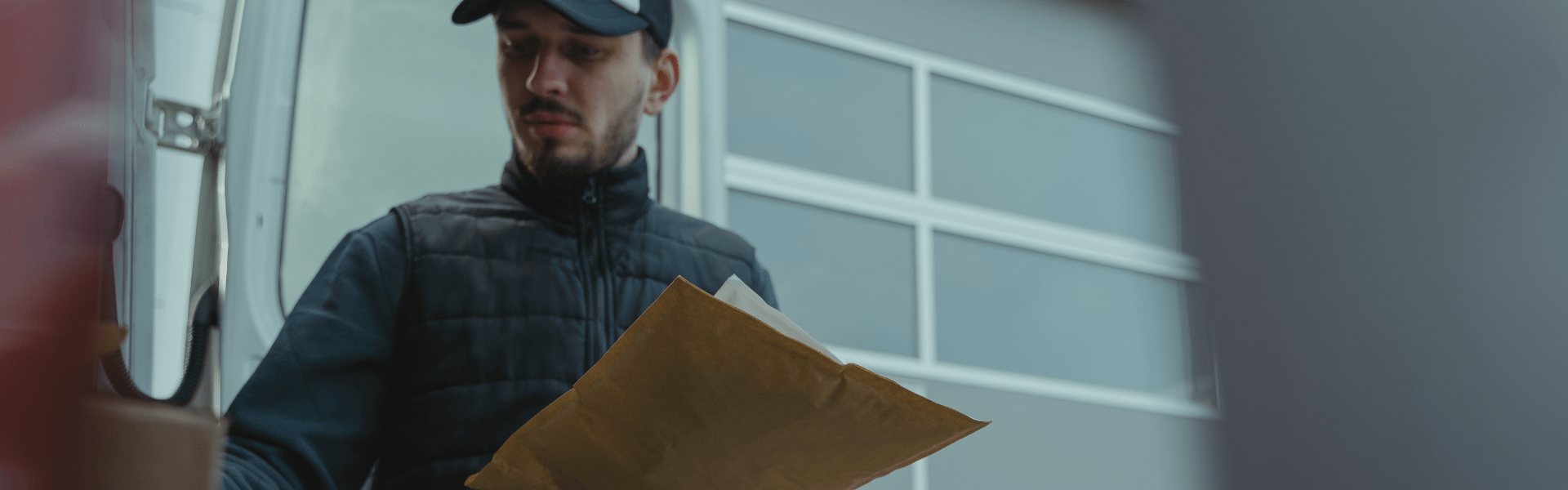 last mile package delivery driver pick up and delivery driver in uniform holding package