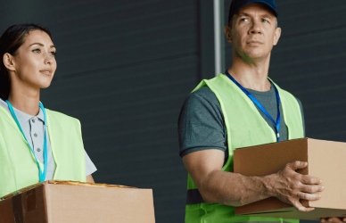 Man and woman wearing saftey vests and holding boxed packages