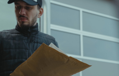 last mile package delivery driver pick up and delivery driver in uniform holding package