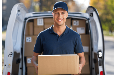 man in hat and polo shirt holding box standing in front of a delivery van full of packages with the rear doors open